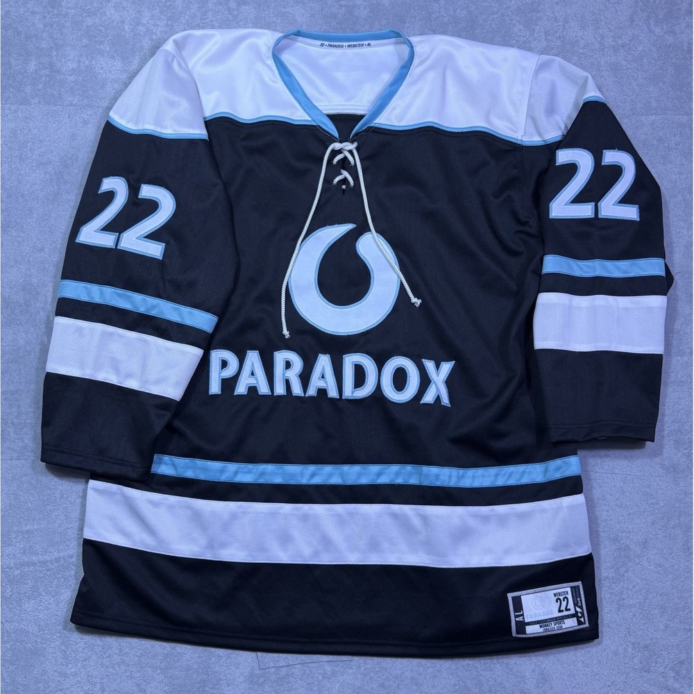 Paradox Hockey Jersey Webster #22 Mens L Monkey Sports Black Blue Custom